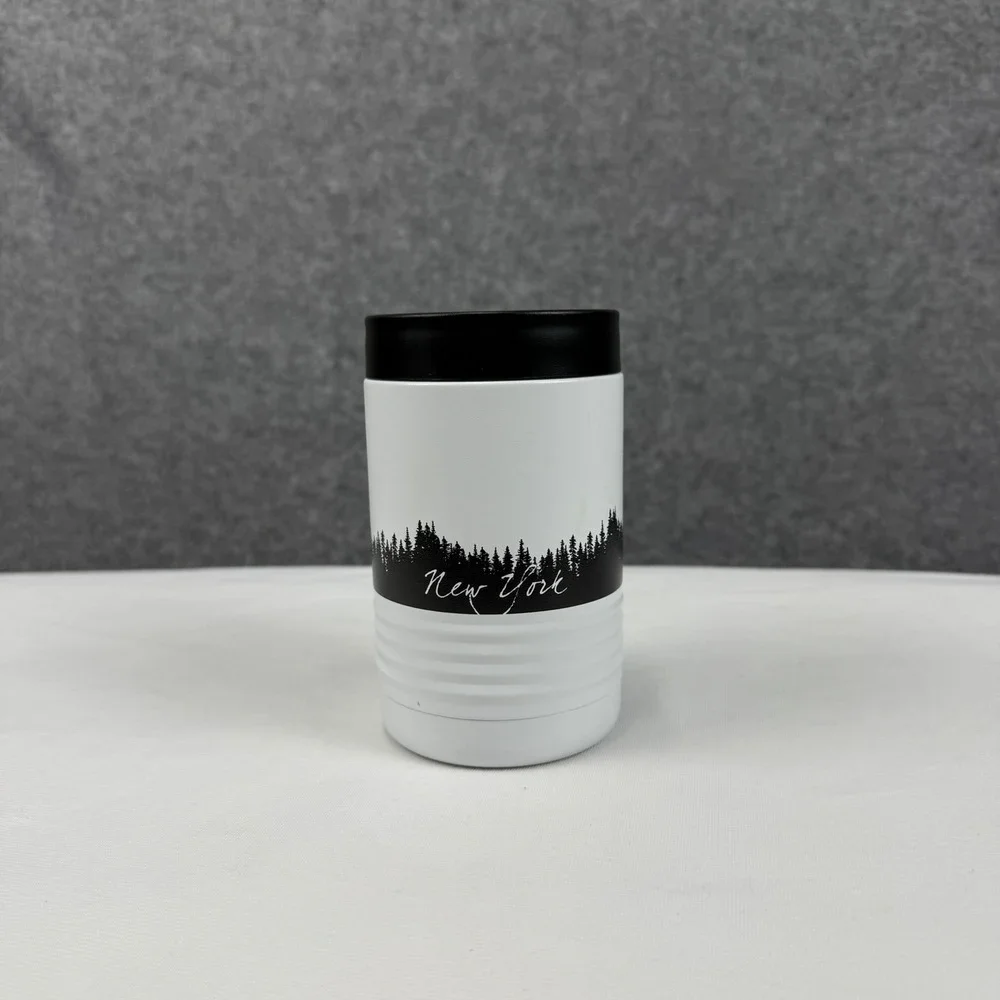 New York Bigfoot Sasquatch Pine Forest Insulated Can Cooler White Stainless 12oz